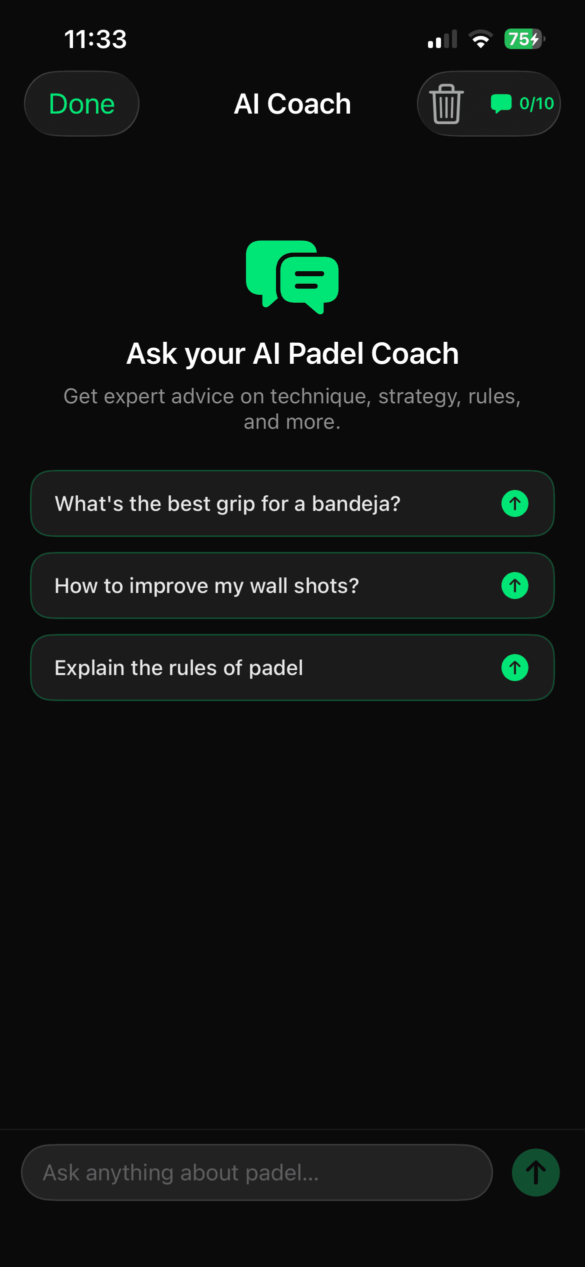 PadelUp 24/7 AI padel coach chat answering a padel strategy question