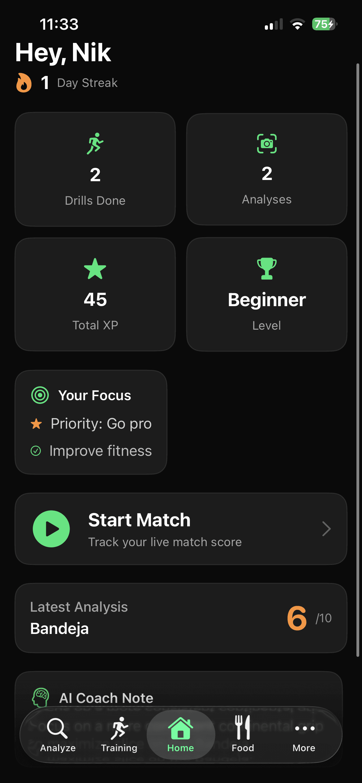 PadelUp home screen